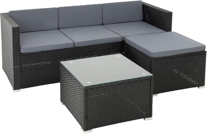 Estexo Rattan Lounge Seating Group, Poly Rattan Garden Furniture Set, 3 Seater Sofa, Sitting Area, Dining Area, Garden Set, Balcony Set (Black) - QUORE