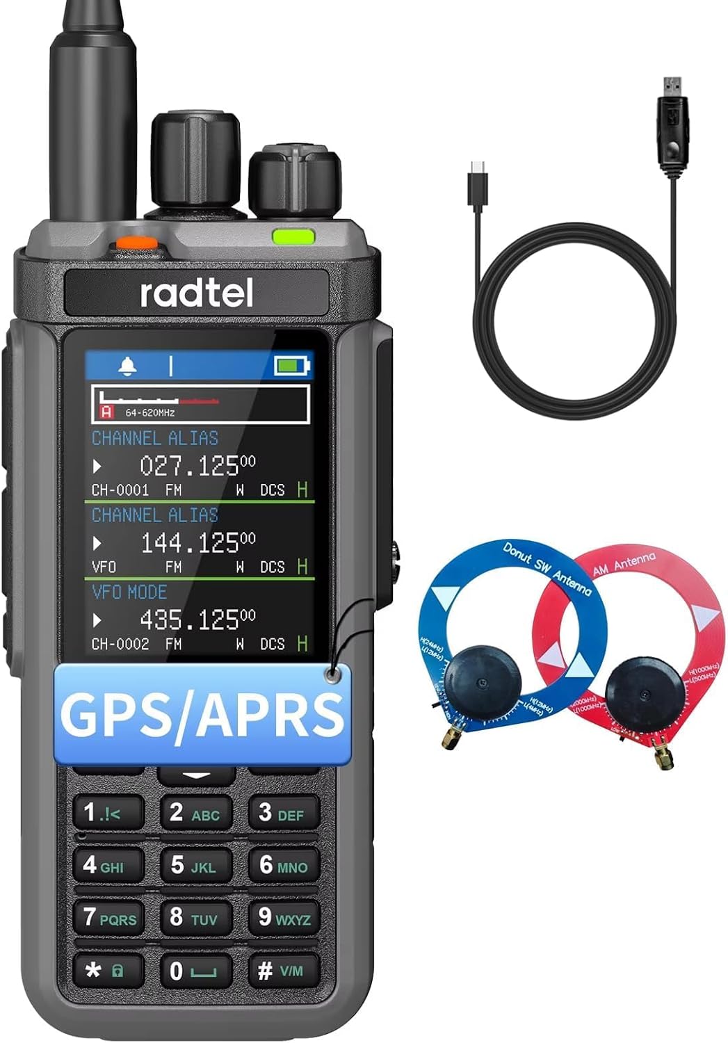 Radtel RT-880G GPS APRS 10 W Ham Radio Walkie Talkie Draagbare CB-radio 1024 kanalen HF SSB Rx met cross-band repeater, 6,5 cm kleurendisplay met programmeerkabel SW/MW-antenne