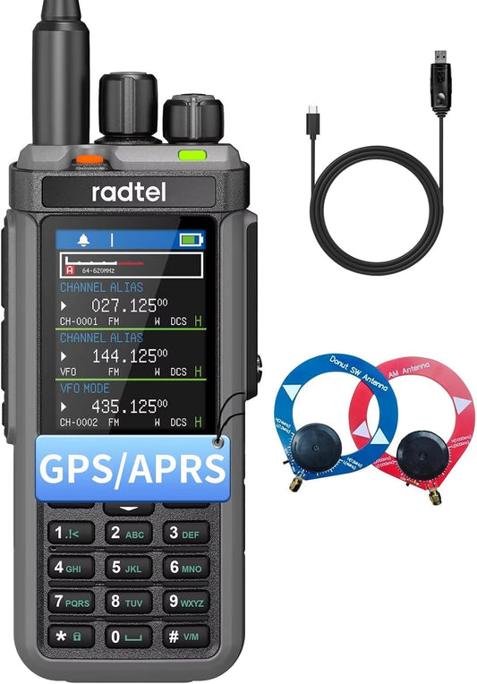 Radtel RT-880G GPS APRS 10 W Ham Radio Walkie Talkie Draagbare CB-radio 1024 kanalen HF SSB Rx met cross-band repeater, 6,5 cm kleurendisplay met programmeerkabel SW/MW-antenne