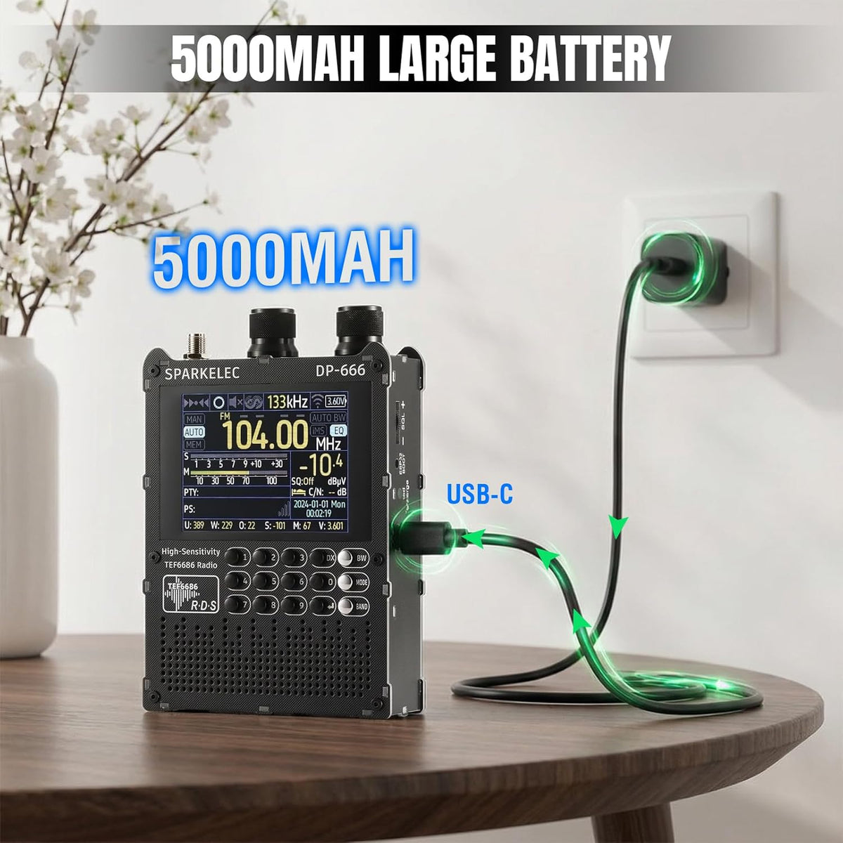 Raddy DP-666 DSP Wereldbandradio TEF6686 Chip, Professionele AM/FM/LW/MW/SW RDS Ontvanger, 2,8" Touchscreen + Stylus, 5000mAh Batterij, Telescoop- & Donut-antenne, Draagbaar met FW-update