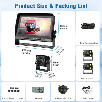 Achteruitrijcameraset met 8 inch monitor, inclusief 2 camera's, 2 x 20 m kabel, beschermingsklasse IP69, nachtzichtfunctie, 2 kanalen, geschikt voor vrachtwagens, campers, bussen en aanhangers