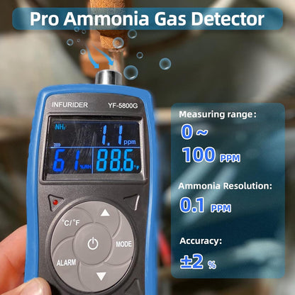 Portable Ammonia Gas Detector, USB Rechargeable NH3 Gas Monitor with Audible & Visual Alarm, Ammonia Meter Range 0-100ppm with 0.1ppm Resolution for Farm, Pig & Livestock(INFURIDER YF-5800G)