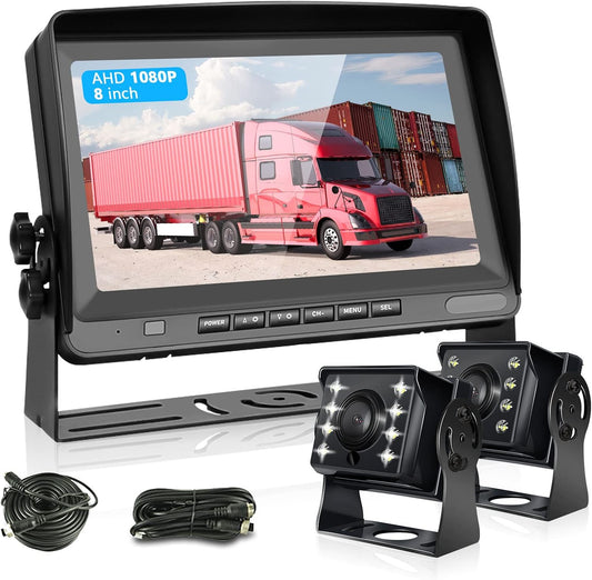 Hodozzy Achteruitrijcamera voor auto, met 8 inch lcd-monitor, AHD 1080P, 2 x camera's, IP69 waterdicht, super nachtzicht, kabel 12 V-24 V voor camper, vrachtwagen, aanhanger, bus, bestelwagen, met