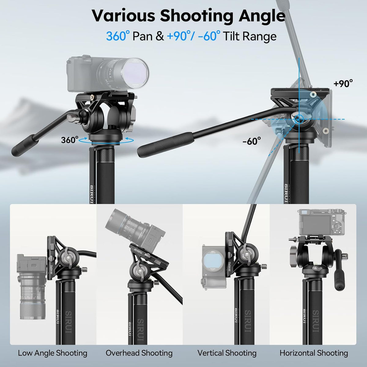 Camera monopod met voeten voor DSLR en camcorder – Monopod – Videomonopod – Reismonopod – Statiefbasis – Fluid head met 360° pan en -60°/+90° tilt – Aluminiumlegering, max. 188 cm en 8 kg
