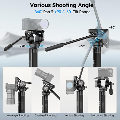 Camera monopod met voeten voor DSLR en camcorder – Monopod – Videomonopod – Reismonopod – Statiefbasis – Fluid head met 360° pan en -60°/+90° tilt – Aluminiumlegering, max. 188 cm en 8 kg
