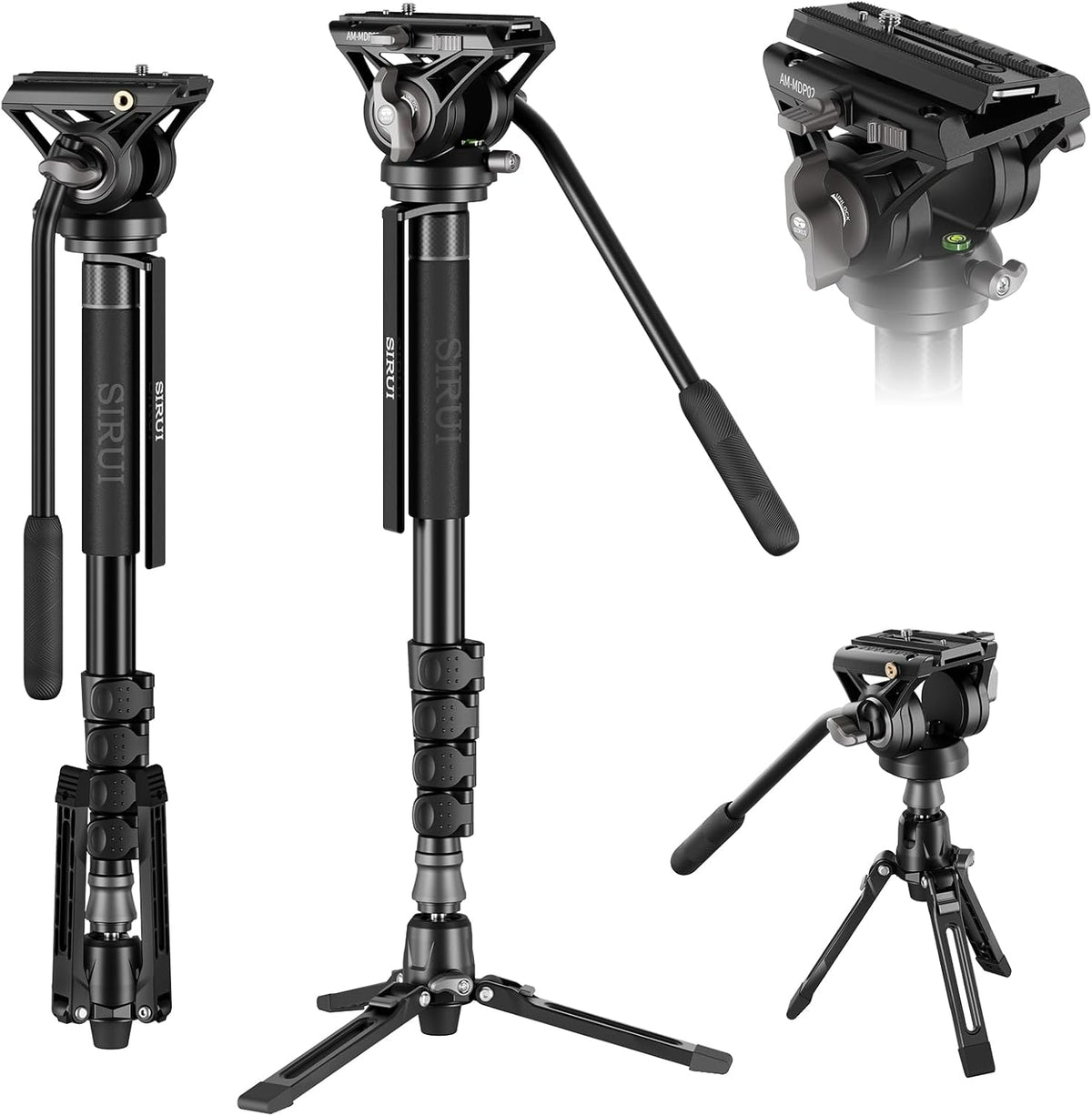 Camera monopod met voeten voor DSLR en camcorder – Monopod – Videomonopod – Reismonopod – Statiefbasis – Fluid head met 360° pan en -60°/+90° tilt – Aluminiumlegering, max. 188 cm en 8 kg