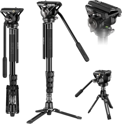 Camera monopod met voeten voor DSLR en camcorder – Monopod – Videomonopod – Reismonopod – Statiefbasis – Fluid head met 360° pan en -60°/+90° tilt – Aluminiumlegering, max. 188 cm en 8 kg