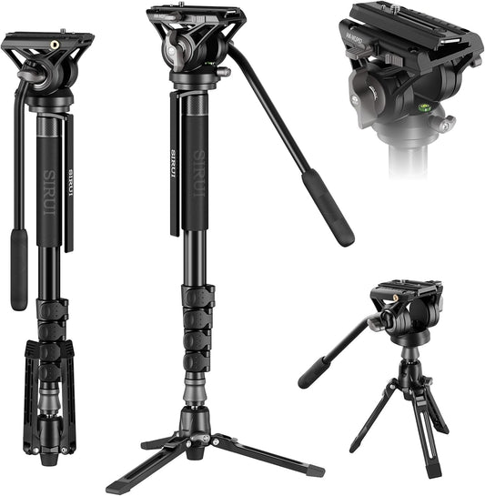 Camera monopod met voeten voor DSLR en camcorder – Monopod – Videomonopod – Reismonopod – Statiefbasis – Fluid head met 360° pan en -60°/+90° tilt – Aluminiumlegering, max. 188 cm en 8 kg