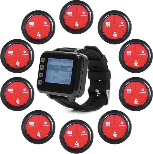 Wireless Calling System Restaurant Pagers Caregiver Pager with 10 Waterproof Call Buttons and 1 Watch Display Receiver Panic Alarm For Elderly Pager Suitable For Restaurant, Cafes, Factory - QUORE