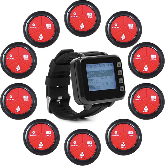 Wireless Calling System Restaurant Pagers Caregiver Pager met 10 Waterdichte Oproepknoppen en 1 Horloge Display Ontvanger Paniek Alarm Voor Ouderen Pager Geschikt Voor Restaurant, Cafés, Fabriek