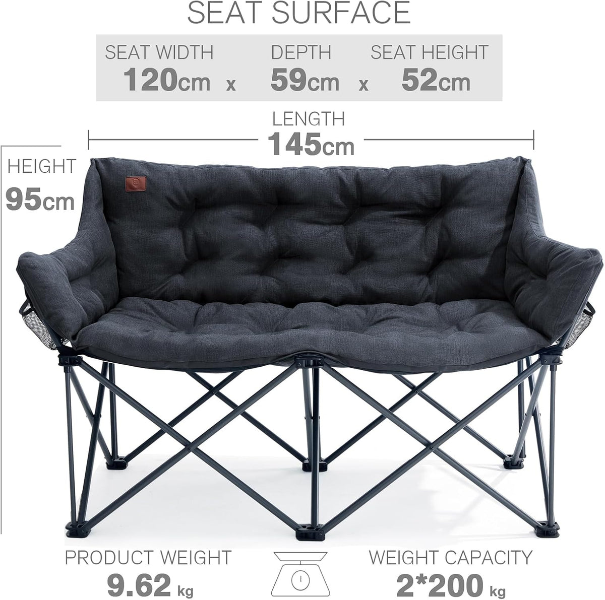 EVER ADVANCED Campingstoel, opvouwbaar, 145 cm breed, voor 2 personen, 400 kg belastbaar, campingbank, dik gevoerde klapstoel, 2-zits, hoge rugleuning, extra breed, voor outdoor, tuin, balkon, indoor
