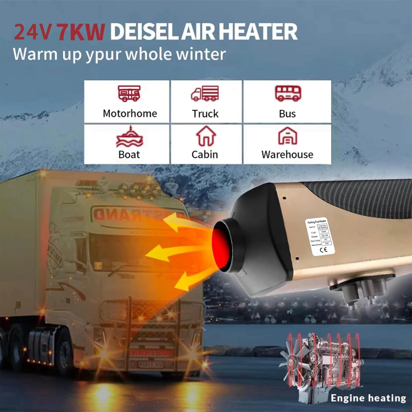 Standverwarming Diesel 7kW 24V – Dieselverwarming – Luchtverwarming – Waterverwarming – Motorvoorverwarming – Met LCD-Display – Automatische Temperatuurregeling
