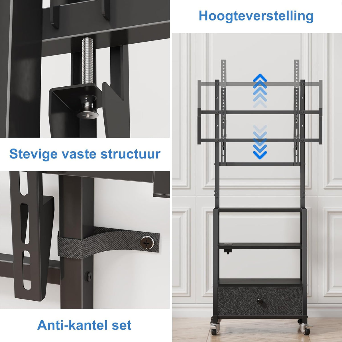 Verrijdbare TV Standaard Met Beugel En Stopcontact – TV Meubel – TV Trolley – TV Statief – TV Kar – In Hoogte Verstelbaar – Geschikt Voor 32–75 Inch TV's