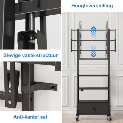 Verrijdbare TV Standaard Met Beugel En Stopcontact – TV Meubel – TV Trolley – TV Statief – TV Kar – In Hoogte Verstelbaar – Geschikt Voor 32–75 Inch TV's