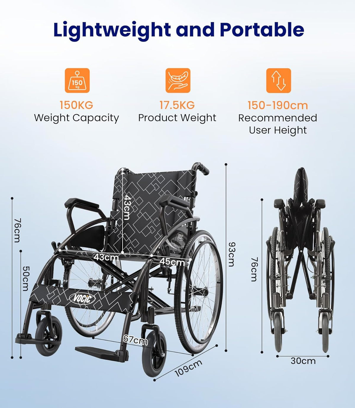 VOCIC U31 Rolstoel, licht, 150 kg, aluminium rolstoel, 17,5 kg, dubbele rem, rolstoel voor senioren, solide banden, 60 cm voor alle vloeren, grijs