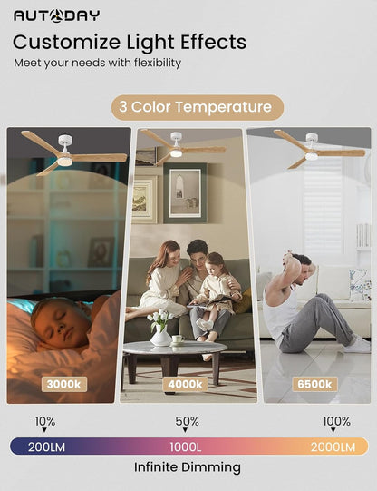 Bois Ventilateur Plafond avec Lampe Silencieux Moteur DC 30W ventilateurs de plafond diamètre 132 cm (52") avec 3 Pales réversibles Télécommande fonction mémoire et minuterie 6 vitesses