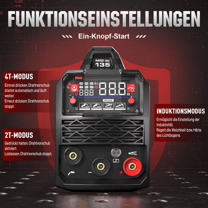 MIG ANDELI 135 A lasapparaat, spanning 220 V, draagbaar zonder gas, multiproces MIG/TIG lift/MMA-stroom, met digitaal led-display, IGBT-invertertechnologie.