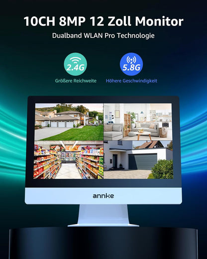 ANNKE 3MP bewakingscameraset met monitor, 12 inch monitor NVR bewakingscamerasysteem met 4 stuks 3MP wifi-camera's, 2-weg audio, persoonsherkenning, 30 m nachtzicht, ondersteunt Alexa, 1 TB HDD