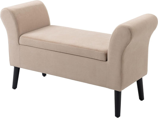 HOMCOM sofa upholstered sofa with storage armrests chest bench modern hallway bedroom living room velvety polyester rubber wood beige 115.5 x 43.5 x 66 cm - QUORE