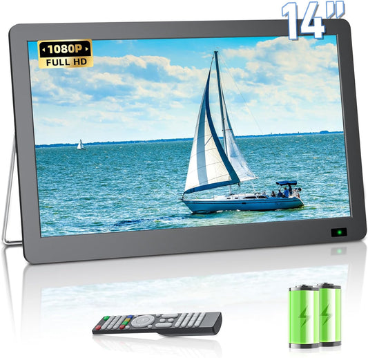 Desobry PTV143B-05 Draagbare tv (2025 geactualiseerde versie, 14,2 inch) met sterkere antenne, 1080p Freeview Outdoor TV met DVB/T2-tuner, oplaadbaar, werkt op batterijen, mini lcd-tv