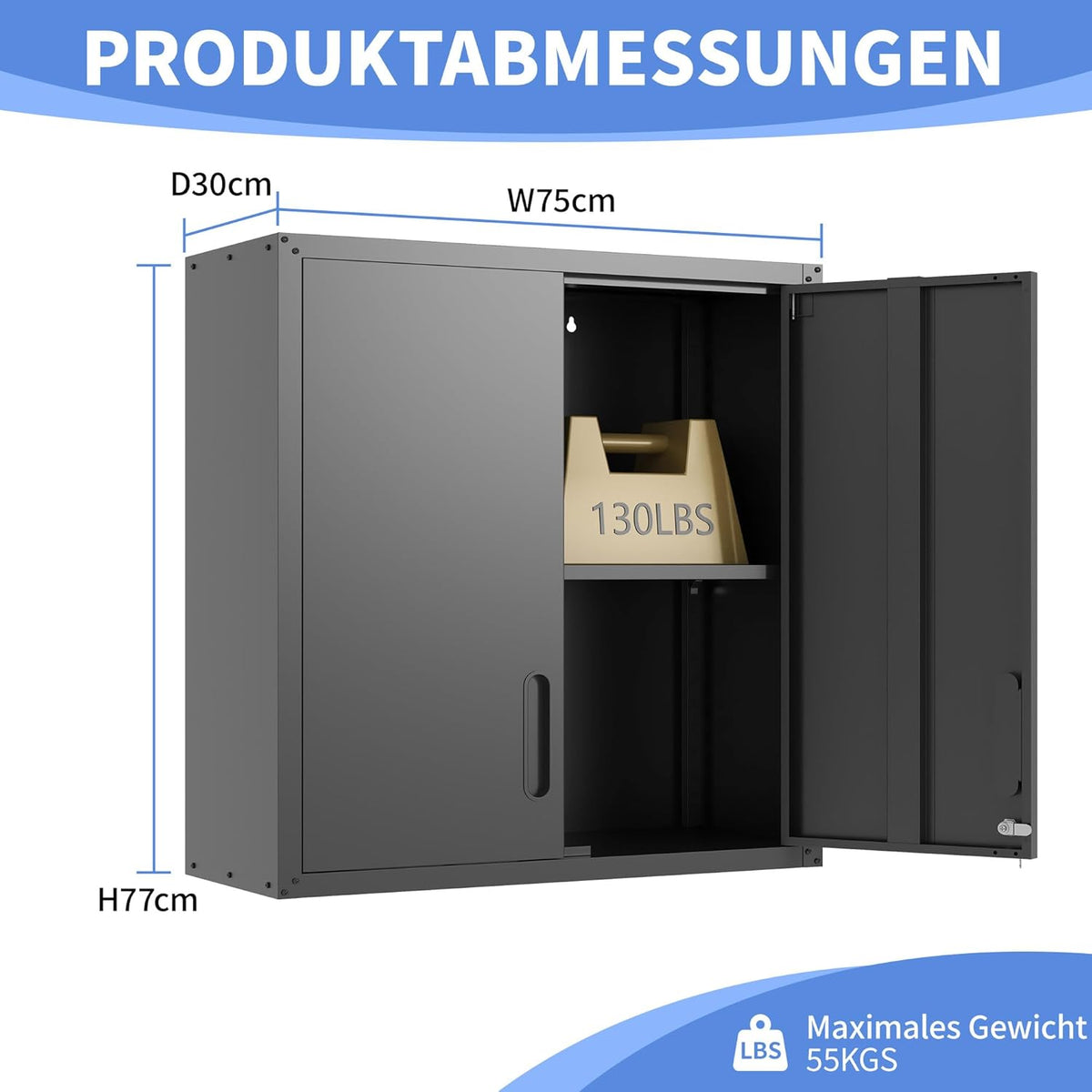 Garage wandkast met deuren en planken, metalen wandkast met slot, hangende gereedschapskast voor garage, utility kamer, zwart