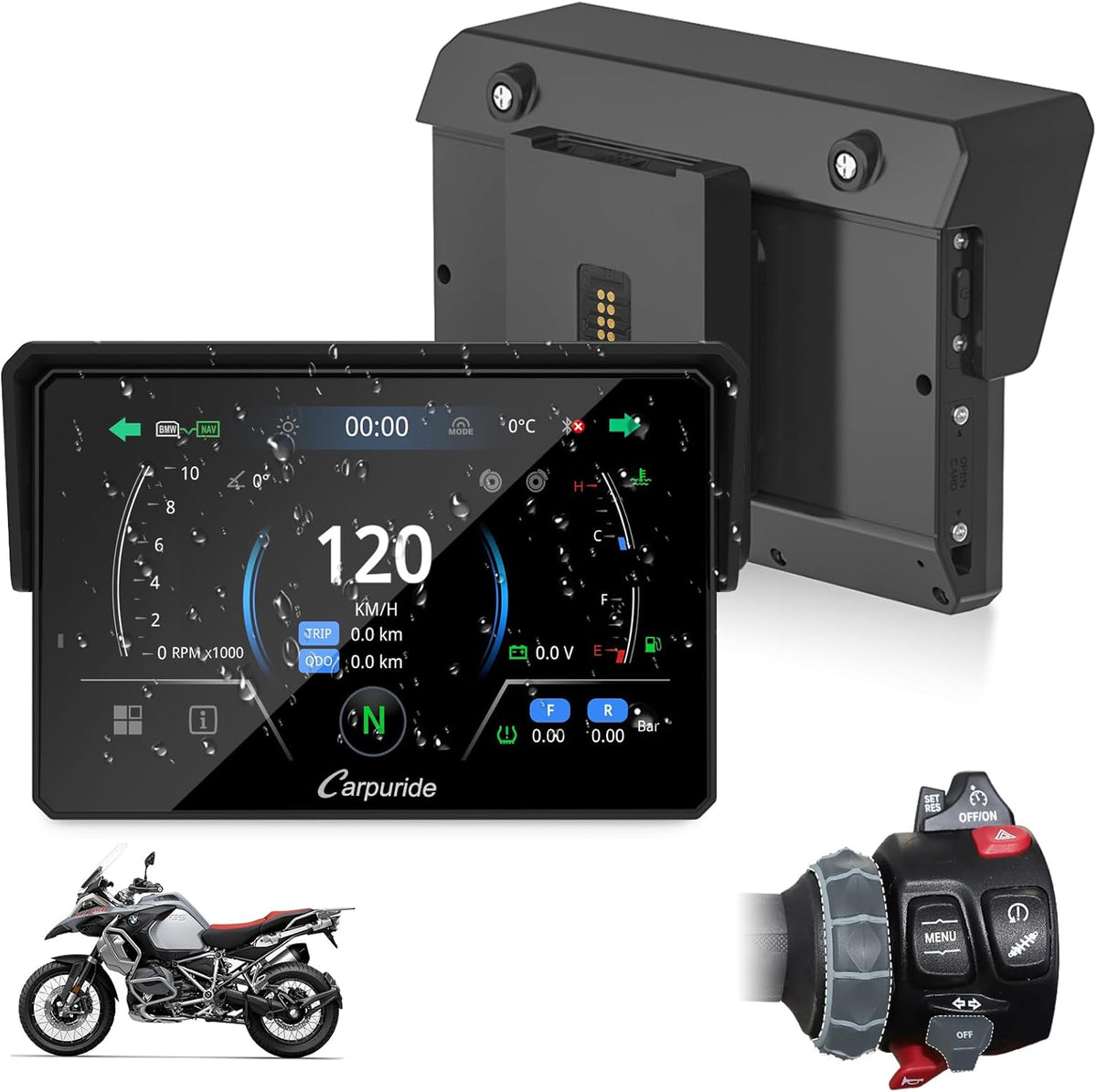 Carpuride W502BS für Motorrad CarPlay & Android Auto & Dual Bluetooth - 5 Zoll wasserdichter GPS-Navigation für Motorrad