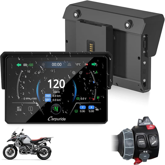 Carpuride W502BS für Motorrad CarPlay & Android Auto & Dual Bluetooth - 5 Zoll wasserdichter GPS-Navigation für Motorrad