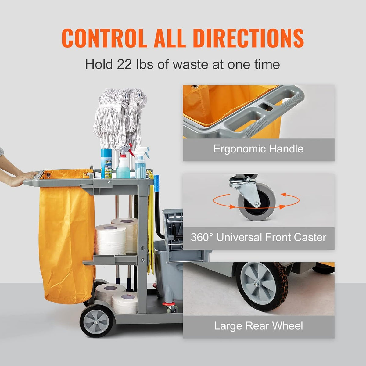 VEVOR Professional Household Cart, 3 Floors, Cleaning Trolley, Polypropylene Washing with PVC Bag, Maintenance Car, Load, 90.7 kg, Liquid Movement, Storage, Maintenance Tools, Office, Hotel, Grey