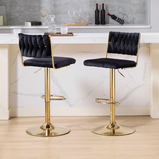 Barstoel – Barkruk – Barstoelset – Keukenkruk – Zithulp – Verstelbaar in Hoogte – 360° Draaibaar – Velvet Bekleding – Geweven Rugleuning – Set van 2 – Zwart - QUORE