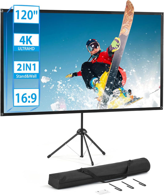 Beamerscherm met statief, draagbaar projectorscherm 120 inch, 16:9, 4K HD-projectiescherm, licht en compact, ideaal voor thuisbioscoop, voor films binnen en buiten.