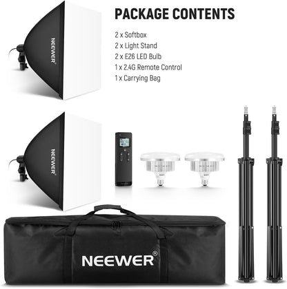 NEEWER NK103 Softbox verlichtingsset met statiefstandaard, set van 2, 45 W tweekleurige 2,4 G led-gloeilampen, 10 kanalen, 2900K-7000K, 1400Lux/m, CRI95, 20 m afstandsbediening, continue fotografie