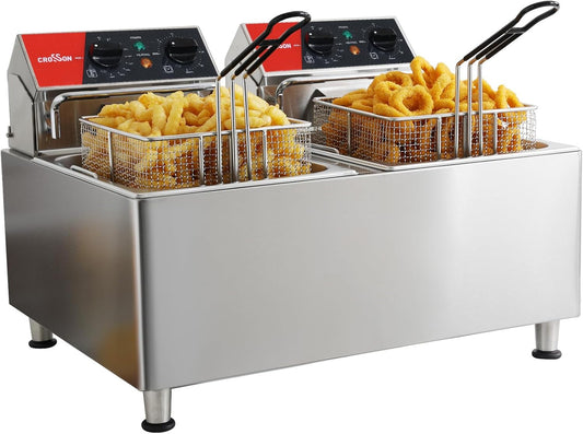 CROSSON Commerciële Friteuse 16L,230V/6500W Elektrische Friteuse met Dubbele Tank, Temperatuurregeling 80-200°C,Snel opwarmen,voor Keuken,Restaurant
