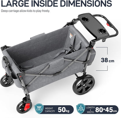 EVER ADVANCED Wagon voor kinderen om in te zitten, kinderwagenwagen voor 2 kinderen met afneembare luifel, trek mee met stoelen 5-punts harnassen, draagbare push-pull kar met verstelbare handgreep