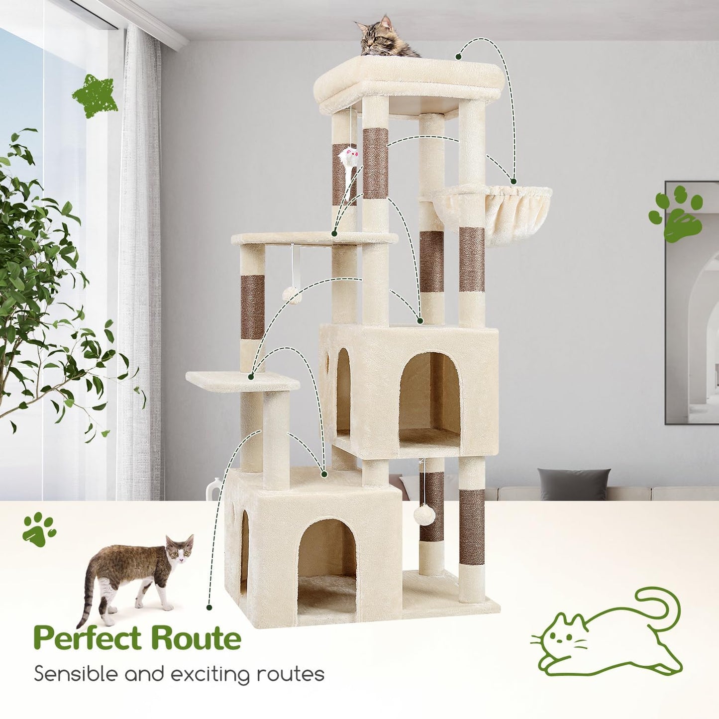 Krabpaal – Kattenboom – Kattenhuis – Krabmeubel – Klimpaal – Grote Basis 72x45 cm – 2 Luxe Kattenhuisjes – Hoogte 156 cm – Stabiel – Sisal Krabpalen – Anti-Omval