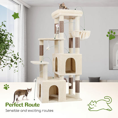 Krabpaal – Kattenboom – Kattenhuis – Krabmeubel – Klimpaal – Grote Basis 72x45 cm – 2 Luxe Kattenhuisjes – Hoogte 156 cm – Stabiel – Sisal Krabpalen – Anti-Omval