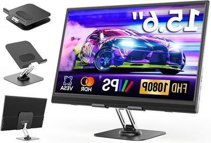 Portable Monitor 15.6" with Custom Stand, 1080P FHD Portable Monitor with Speaker, Ultra Slim USB-C & HDMI External Display for Laptop/PC/Mac/Xbox - with VESA Holes - QUORE