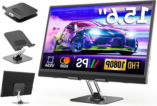 Portable Monitor 15.6" with Custom Stand, 1080P FHD Portable Monitor with Speaker, Ultra Slim USB-C & HDMI External Display for Laptop/PC/Mac/Xbox - with VESA Holes - QUORE