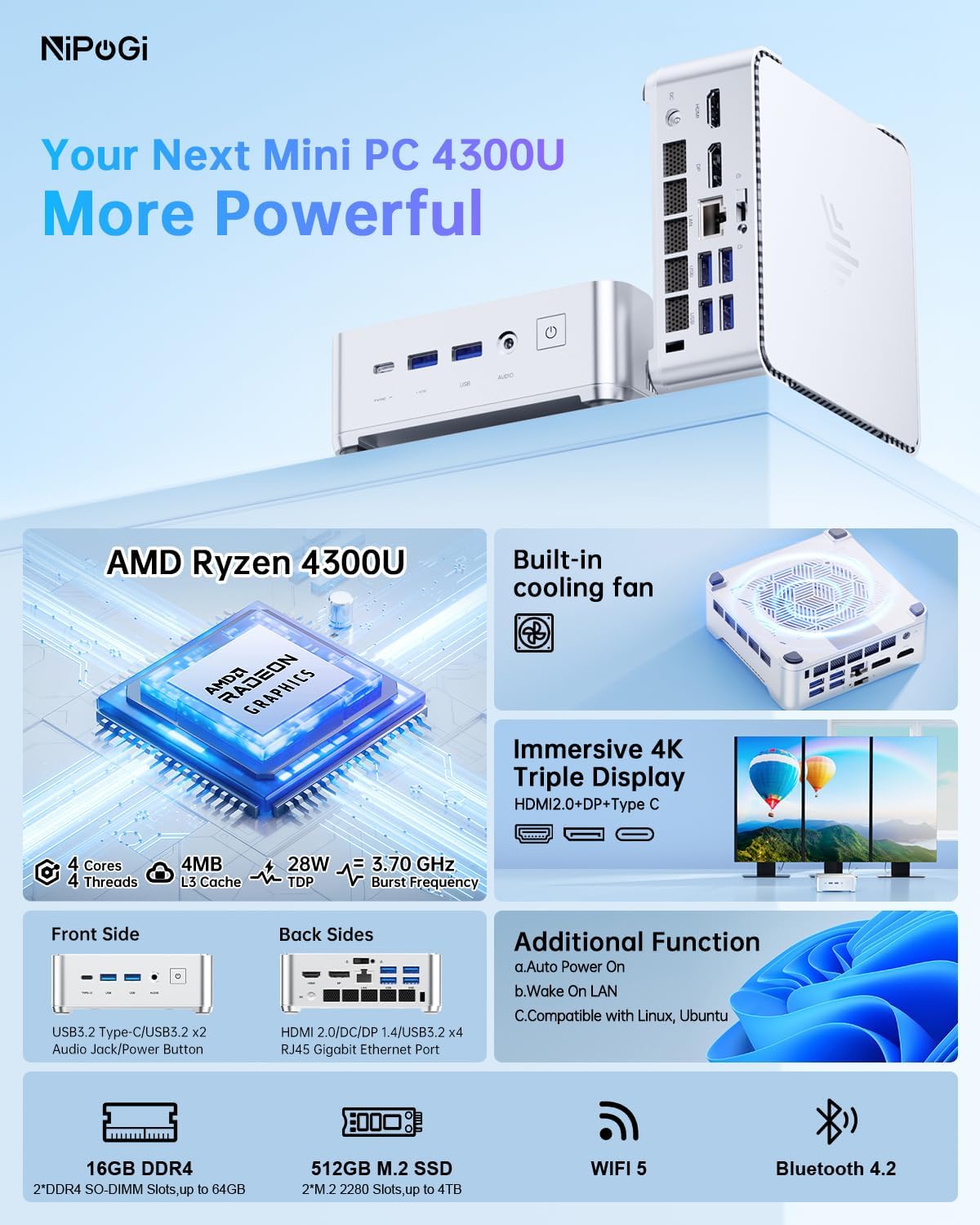 NiPoGi Pinova P2 Mini PC W-11 Pro ΑOD Ryzen 4300U (up to 3.70GHz) 16GB DDR4 512GB M.2 SSD, Mini Desktop Computer HDMI 2.0, DP, Type-C, 4K Triple Display Micro-PC with VESA for School/Office/Home - QUORE