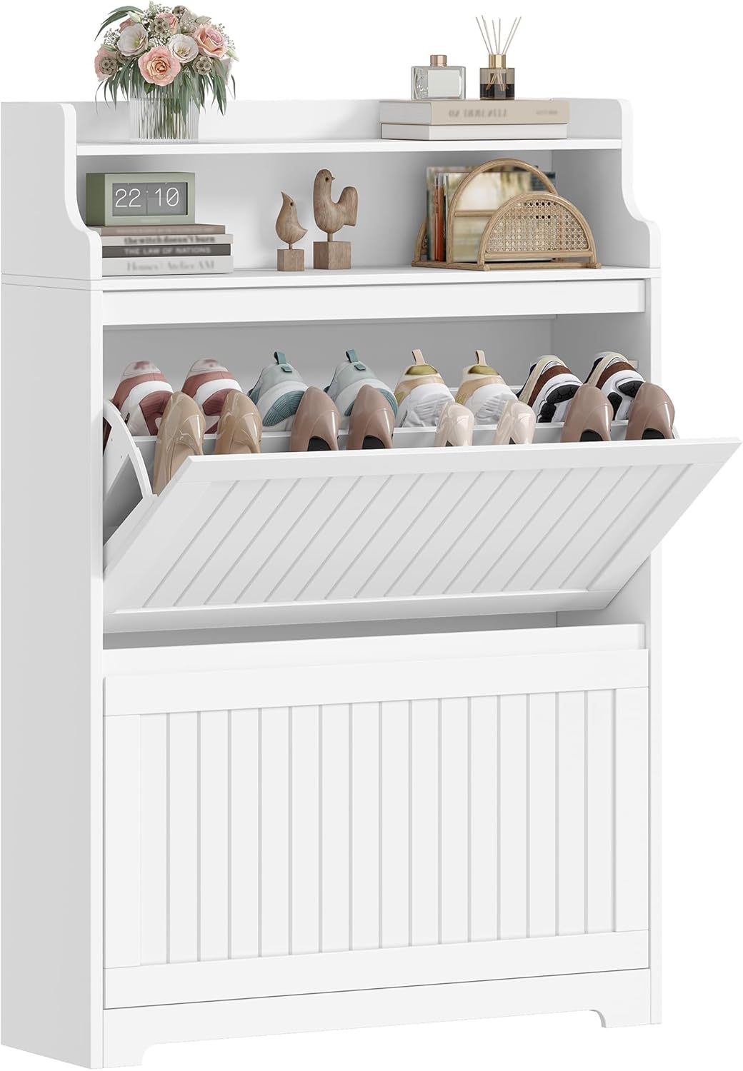 Hzuaneri Shoe Cabinet, SR66103X Shoe Rack, Narrow Shoe Rack, Adjustable Shoe Storage for Entrance Hallway, Living Room, 16 Pairs, 2 Flaps (80B cm), White