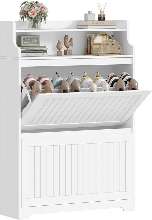 Hzuaneri Shoe Cabinet, SR66103X Shoe Rack, Narrow Shoe Rack, Adjustable Shoe Storage for Entrance Hallway, Living Room, 16 Pairs, 2 Flaps (80B cm), White