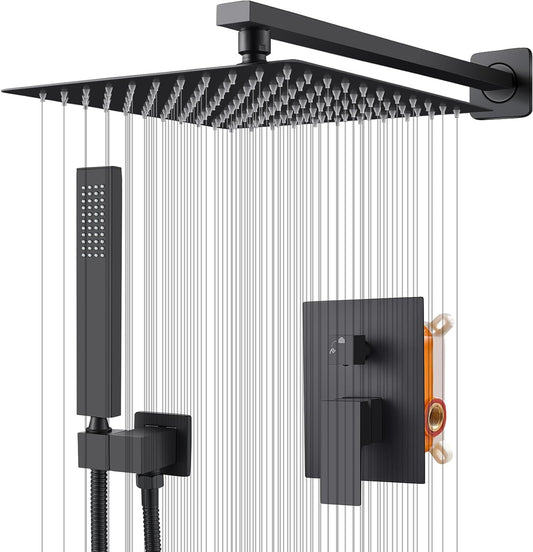 Regendouche – Inbouwdouche – Doucheset – Douchekop – Handdouche – 25x25 cm Vierkante Regendouche – Mat Zwart Messing Met Anti-scald Veiligheid