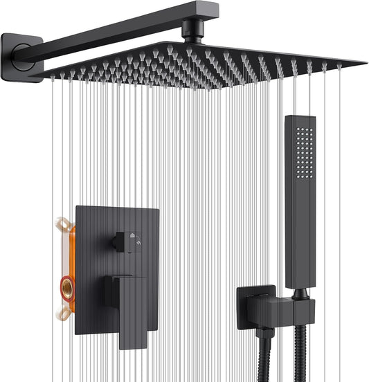 Inbouw douchearmatuurset – Inbouwdouchesysteem – Doucheset – Regendoucheset – Douchekraanset – Matzwart – 10 inch 25 x 25 cm regendouchekop – Handdouche met 150 cm RVS slang