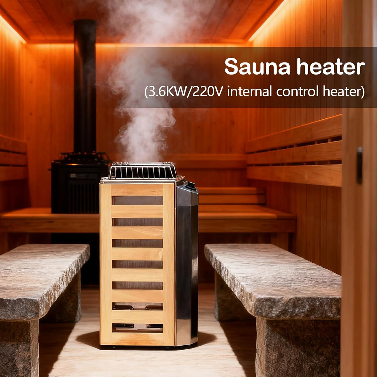 Saunakachel, draagbare elektrische oven, 3,6 kW, van roestvrij staal, met interne besturingen, voor binnen en buiten, met timer 3 uur en digitale bediening voor sauna, 3-6 m³, accessoires voor