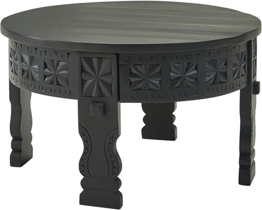Ronde Salontafel – Koffietafel – Bijzettafel – Tafel – Mangohouten Tafel – Massief Mangohout – Zwarte Laklaag – Handgemaakt Decoratief Patroon – Ø60 cm x H36 cm
