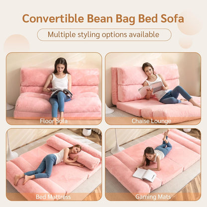 MAXYOYO Bean Bag Bed, Folding Sofa Bed, Floor Mattress for Adults, Extra Thick 6-Way Folding Floor Sofa, Floor Sofa for Bedroom and Living Room, Pink, 135 x 240 cm