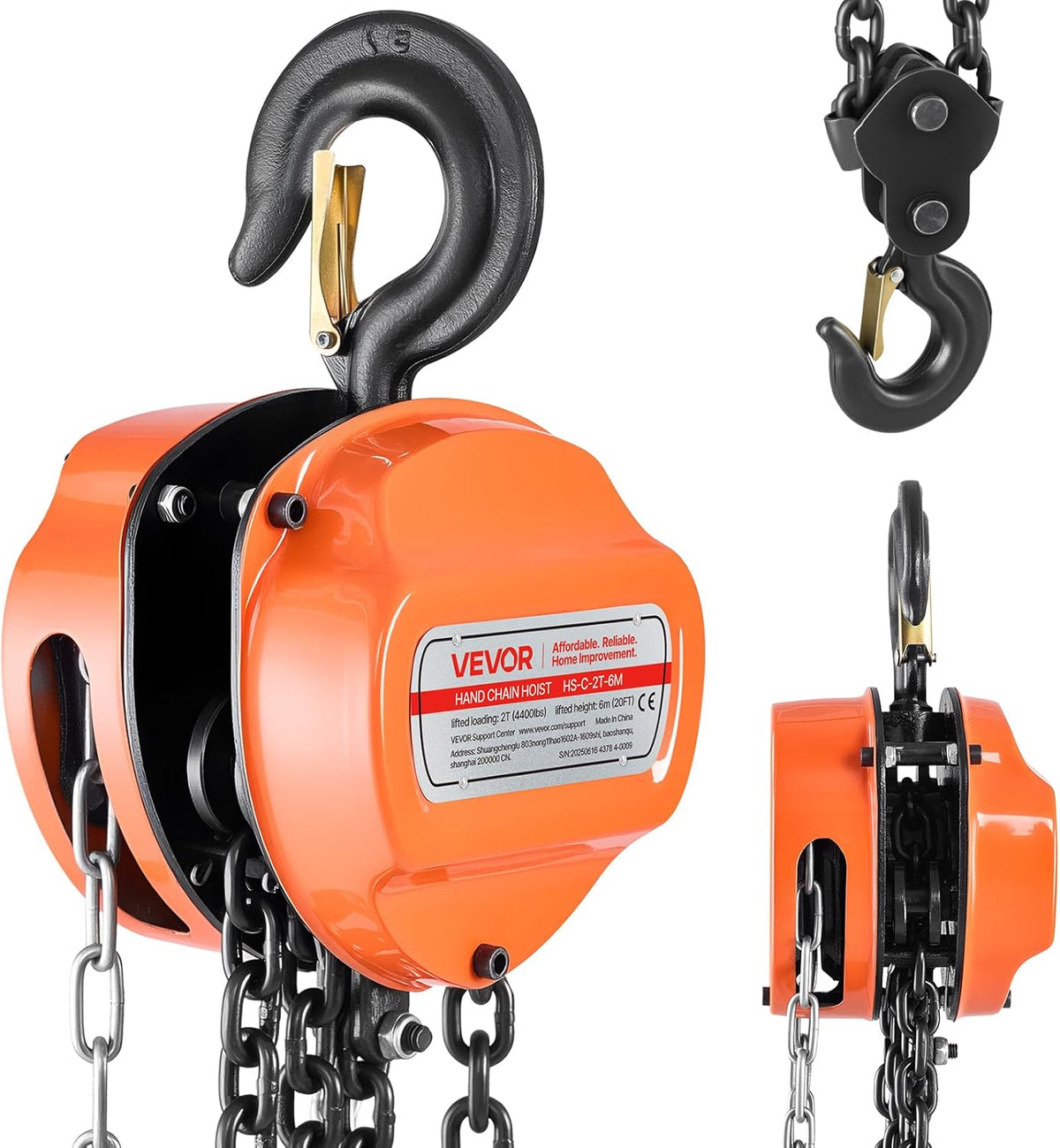 VEVOR Trekkoord met 2 T draagvermogen, handketting, 6 m hefhoogte, hoes met G80-ketting, krachtige takel, handmatige takel voor garages, magazijnen, automobielmachines, oranje