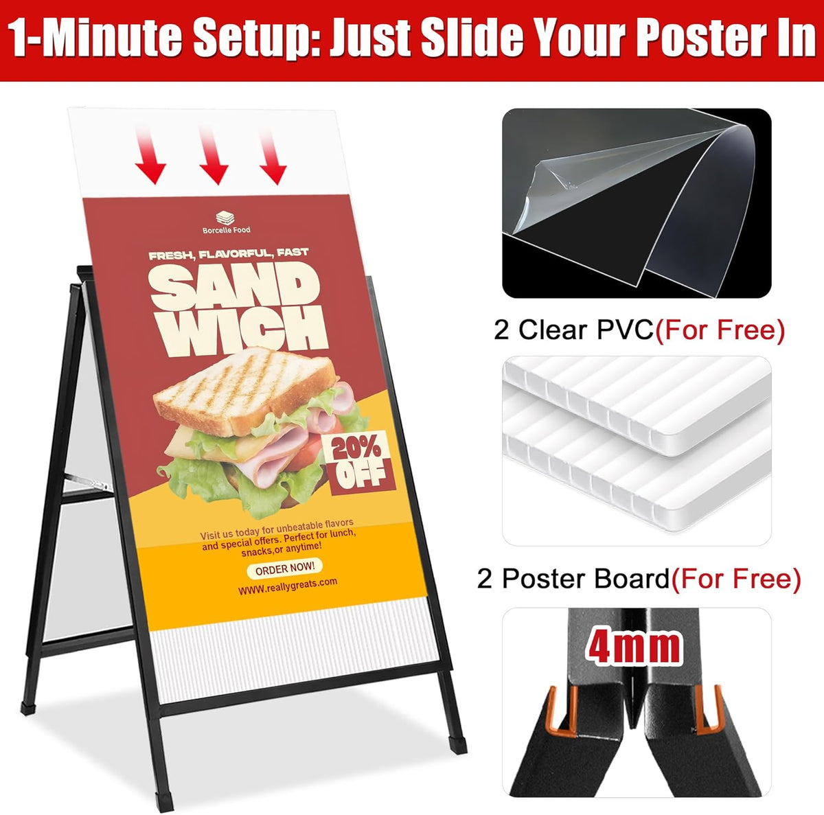 WIIGO A1 A Boards Pavement Signs A Frame Sign Board - Dubbelzijdige Sandwich A-Board Poster Sign Display Stand met 2 Anti-Glare Covers en Golfplaten voor Zaken, Restaurant, Reclame