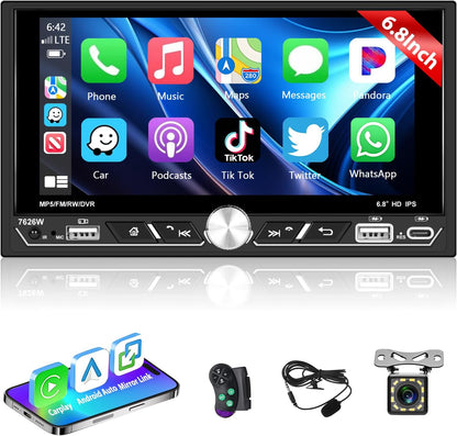 Carplay 2 Din autoradio, 6,8 inch HD touchscreen, bedraad, Android Auto Stereo MP5-speler, ondersteuning Bluetooth/MirrorLink/FM/USB2.0/AUX/opladen/afstandsbediening + achteruitrijcamera