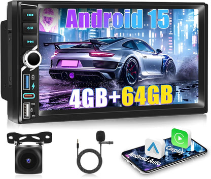 2 Din Autoradio, 4 + 64G, A-pple Carplay Android autoradio, 7 inch IPS-touchscreen, stereo autoradio met Bluetooth 5.0/GPS/WiFi/FM/RDS, mediaspeler voor auto Android 15