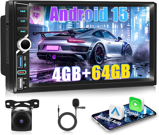 2 Din Autoradio, 4 + 64G, A-pple Carplay Android autoradio, 7 inch IPS-touchscreen, stereo autoradio met Bluetooth 5.0/GPS/WiFi/FM/RDS, mediaspeler voor auto Android 15